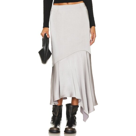 Steve Madden Lucille Asymmetric Satin Skirt Women's Size XS Ash Gray Flowy Midi - Picture 1 of 16